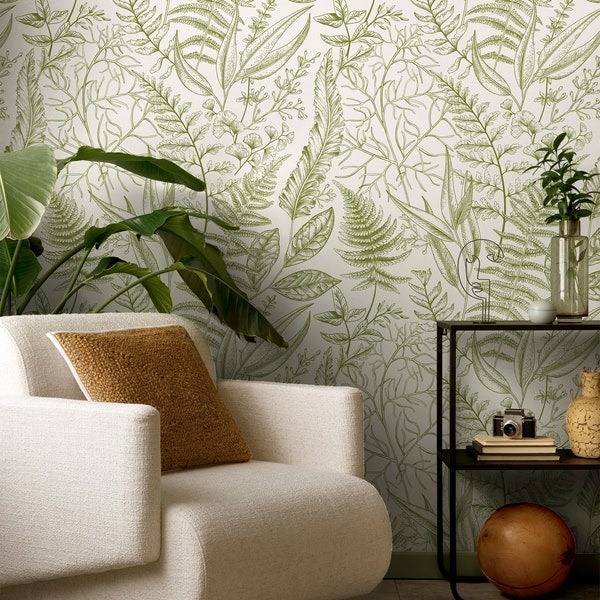 Fern Botanical Wallpaper, Peel and Stick, Bathroom Botanical Plants Wall Mural, Herbs and Wildflowers Removable Wallpaper, Self Adhesive