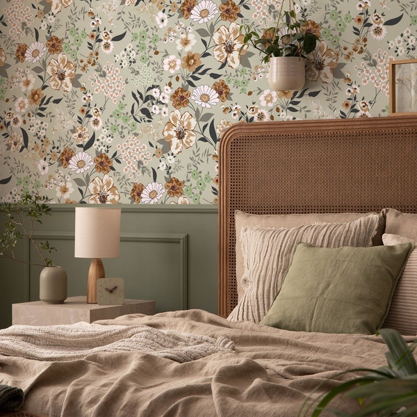 Small Flowers Wallpaper, Neutral Meadow Blooms Wallpaper, Hand Drawn Floral Mural, Removable Peel and Stick and Traditional Wallpaper