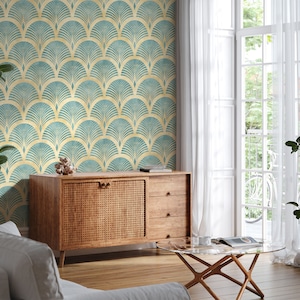 Gold & Green Art Deco Self Adhesive Wallpaper, Peel and Stick and Traditional Wallpaper, Bedroom Wallpaper, Removable Luxury Wall Mural