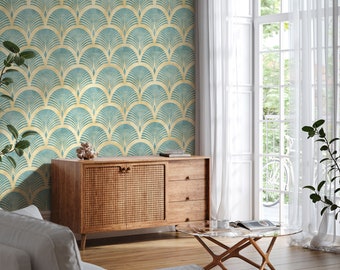May include: A living room interior with a teal and gold patterned wallpaper, a wooden cabinet with woven rattan doors, a glass coffee table with a magazine on top, and a white couch.