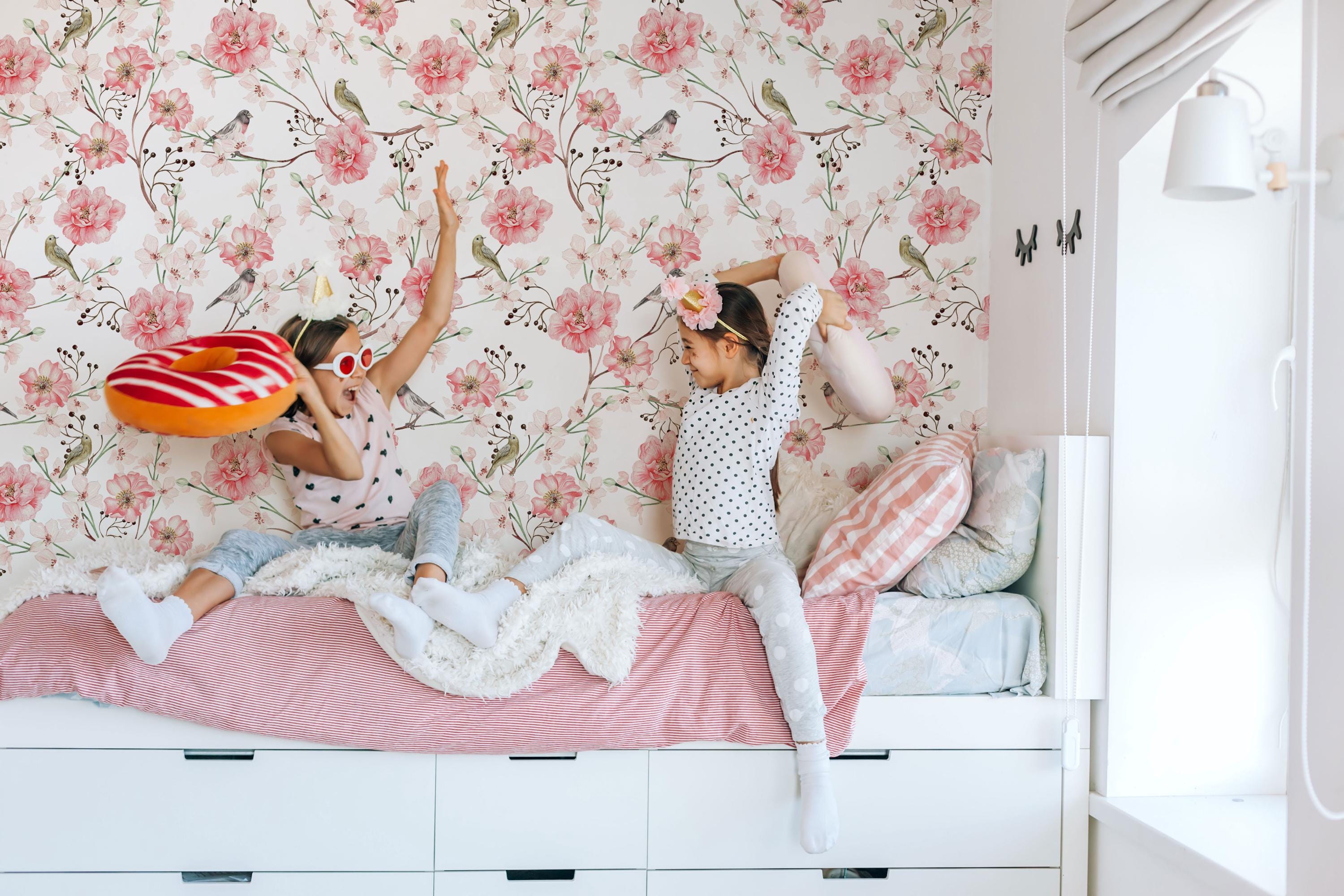 Watercolor Floral Wallpaper for Girls Room, Peel and Stick, Bird and Blossom Nursery Wallpaper, Flowers Kids Removable Mural, Self Adhesive