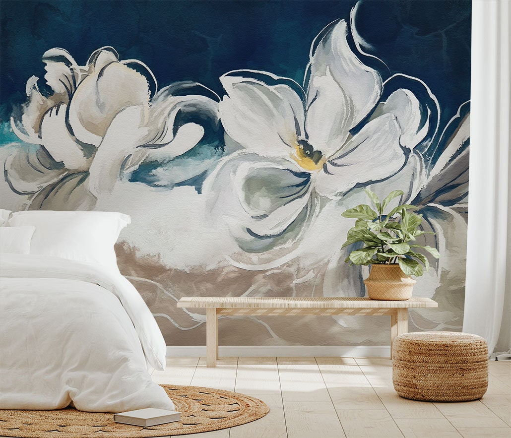 Watercolor Floral Wallpaper – Navy Blue Abstract Peel and Stick ...