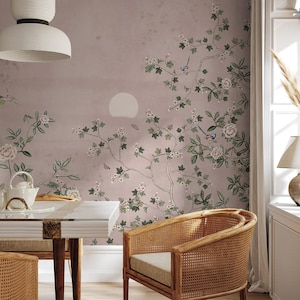 Chinoiserie Wallpaper Peel and Stick, Floral Removable Wallpaper, Elegant Peony Blossom Chinoiserie Wallpaper, Oil Paint Self Adhesive Mural