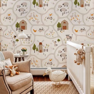Cute Farm Animals Kids Wallpaper, Peel and Stick, Nursery Wall Decor,Farmhouse Baby Kids Wallpaper, Cute Ranch Removable Mural,Self Adhesive