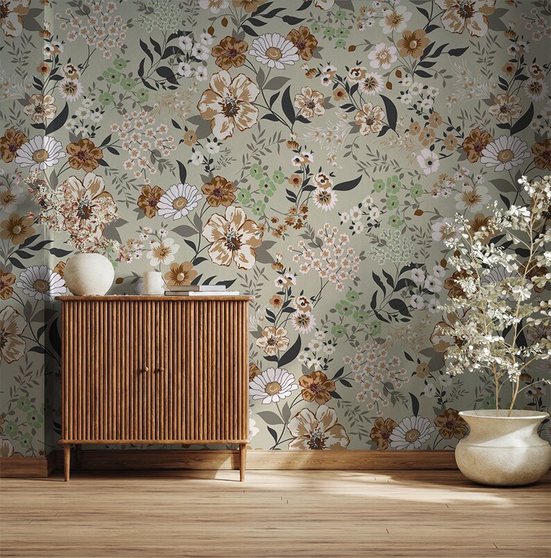 Floral Meadow Wallpaper: Hand Drawn Blooms, Peel and Stick or ...