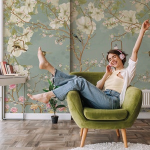 Chinoiserie Wallpaper, Peel and Stick or Traditional Wallpaper, Birds and Blossom Trees Wall Mural, Floral Removable Self Adhesive Wallpaper