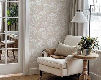 Beige Rose Floral Peel and Stick Wallpaper - Botanical Wall Mural