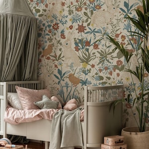 Bunnies and Wildflowers Kids Wallpaper, Peel and Stick, Cute Rabbit Nursery Mural, Removable Self Adhesive Mural, Farmhouse Kids Wallpaper