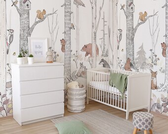 Forest Wallpaper Peel and Stick, Woodland Animals Kids Wall Mural, Neutral Nursery Wallpaper, Forest Animals Self Adhesive Mural, Removable