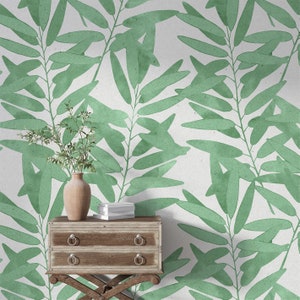 Watercolor Green Leaves Wallpaper, Peel and Stick, Boho Leaves Branches Removable Wall Mural, Hand painting Leaves Self Adhesive Wallpaper