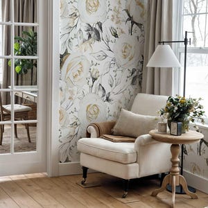 Floral Wallpaper Peel and Stick, Neutral White Roses Removable Wall Mural, White Flowers Self Adhesive Wallpaper,Watercolor Floral Wallpaper