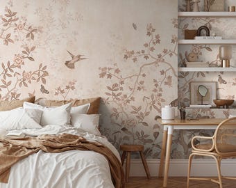 Chinoiserie Peel and Stick Wallpaper: Birds and Flowers, Beige Floral Mural