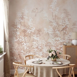 Neutral Soft Chinoiserie Wallpaper, Peel and Stick, Chinese Birds with Blossom Wallpaper, Boho Floral Wall Mural, Removable Self Adhesive