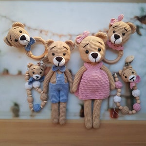 Crochet Bear Plush, bear rattle, bear dummyclip