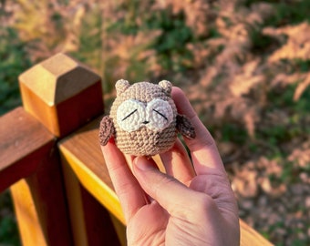 May include: A small, handmade crochet owl figurine. The owl is primarily tan with white and brown accents, including closed eyes, small ears, and wings. The owl is held in a person's hand against a blurred outdoor background.