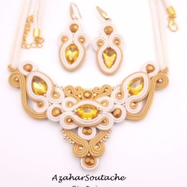 Joyería Soutache, Colgante y pendientes, Colgante marfil y mostaza, Pendientes mostaza