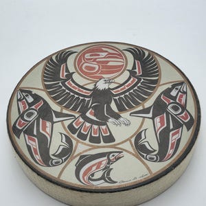 Signed Gitxsan Hand Drum with Drumstick – Eagle & Salmon Design – Clarence A. Wells