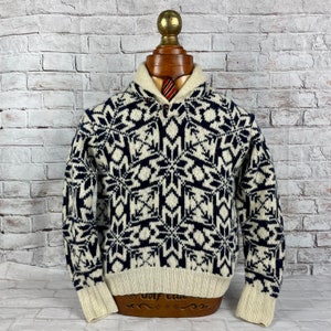 Vintage Ralph Lauren Polo Country Hand Knit Wool Men&#39;s Cowl Shawl Neck Leather Button Blue Ivory Sweater Authentic Dry Goods