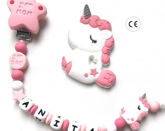 Portaciuccio unicorno, con marchio CE, Catenella personalizzata, Portaciuccio con nome, Portaciuccio in silicone, Portaciuccio con nome.