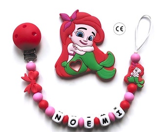 Portaciuccio Ariel, con marchio CE, Catenella personalizzata, Portaciuccio con nome, Portaciuccio in silicone, Portaciuccio con nome.