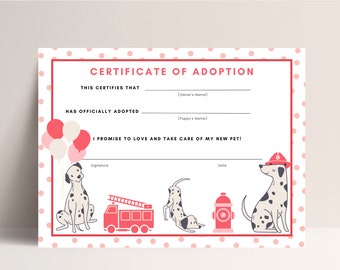 Adopt A Puppy Party Adoption Certificate, Fire Truck Party, Dalmatian Party