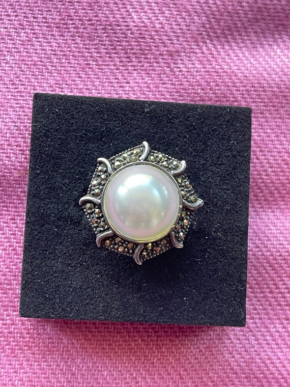 Vintage faux pearl marcasite ring