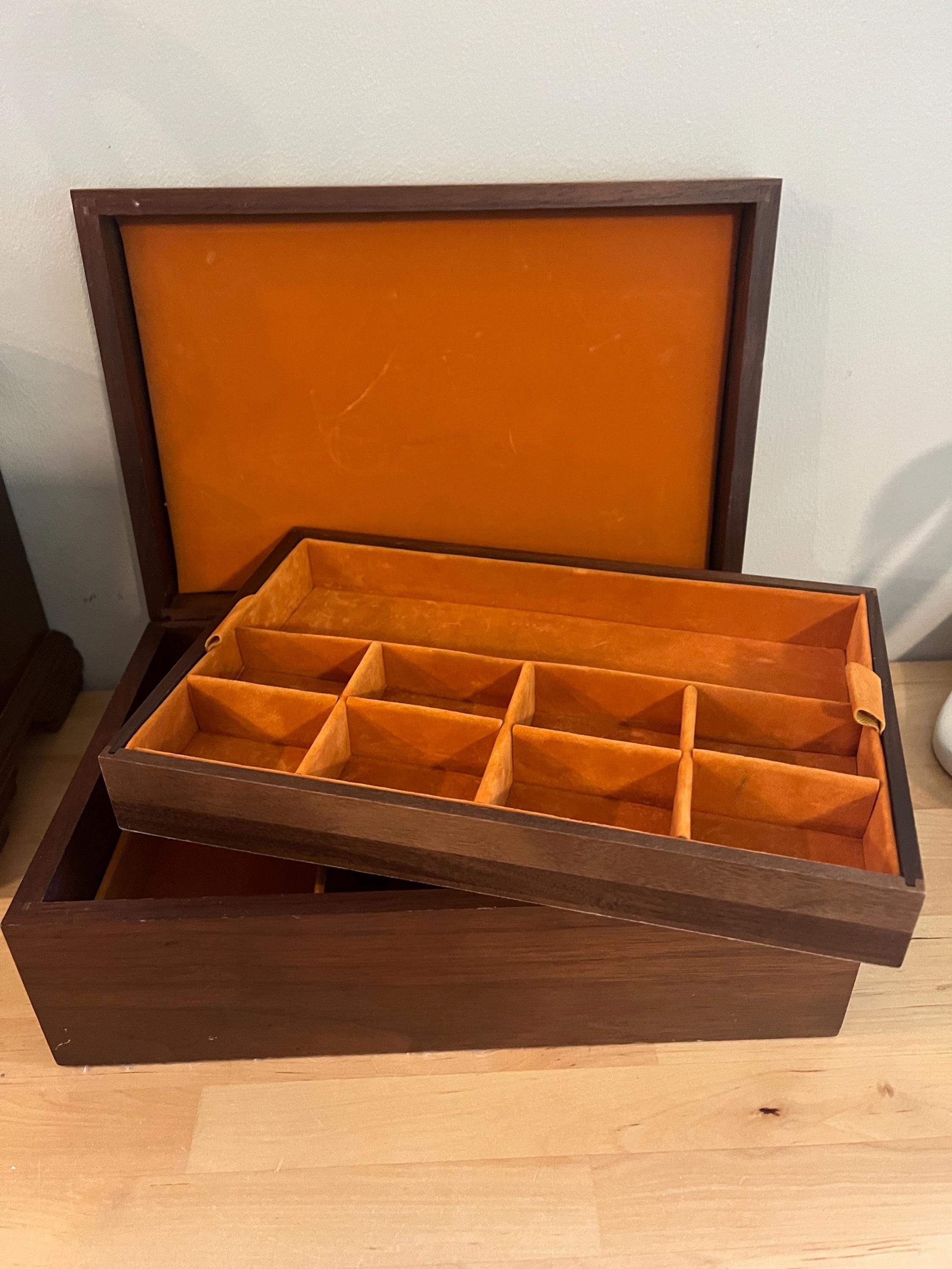 Vintage Wooden Jewelry Box Orange Velvet with Temovable Tray Decatur Industries