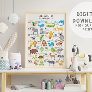 Impressão digital montessori de animais do alfabeto espanhol, aprendendo o alfabeto de volta às aulas, decoração de parede do jardim de infância