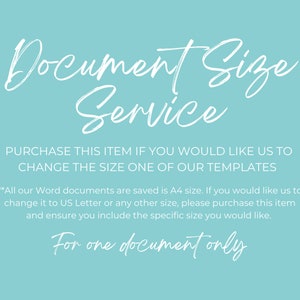 May include: A light blue background with white text that reads "Document Size Service". The text below explains that this item is for purchasing a service to change the size of a document from A4 to US Letter or another size. The text also states that the service is for one document only.