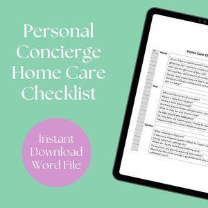 May include: A digital checklist for home care, with sections for the house, pets, and garden. The checklist includes questions about alarm systems, keys, pet care, and garden watering.