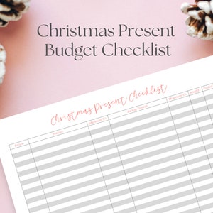 Peut inclure: Une liste de contrôle de budget pour les cadeaux de Noël imprimable avec des colonnes pour la personne qui reçoit le cadeau, le cadeau, le budget maximum, si le cadeau a été acheté et si le cadeau a été emballé.