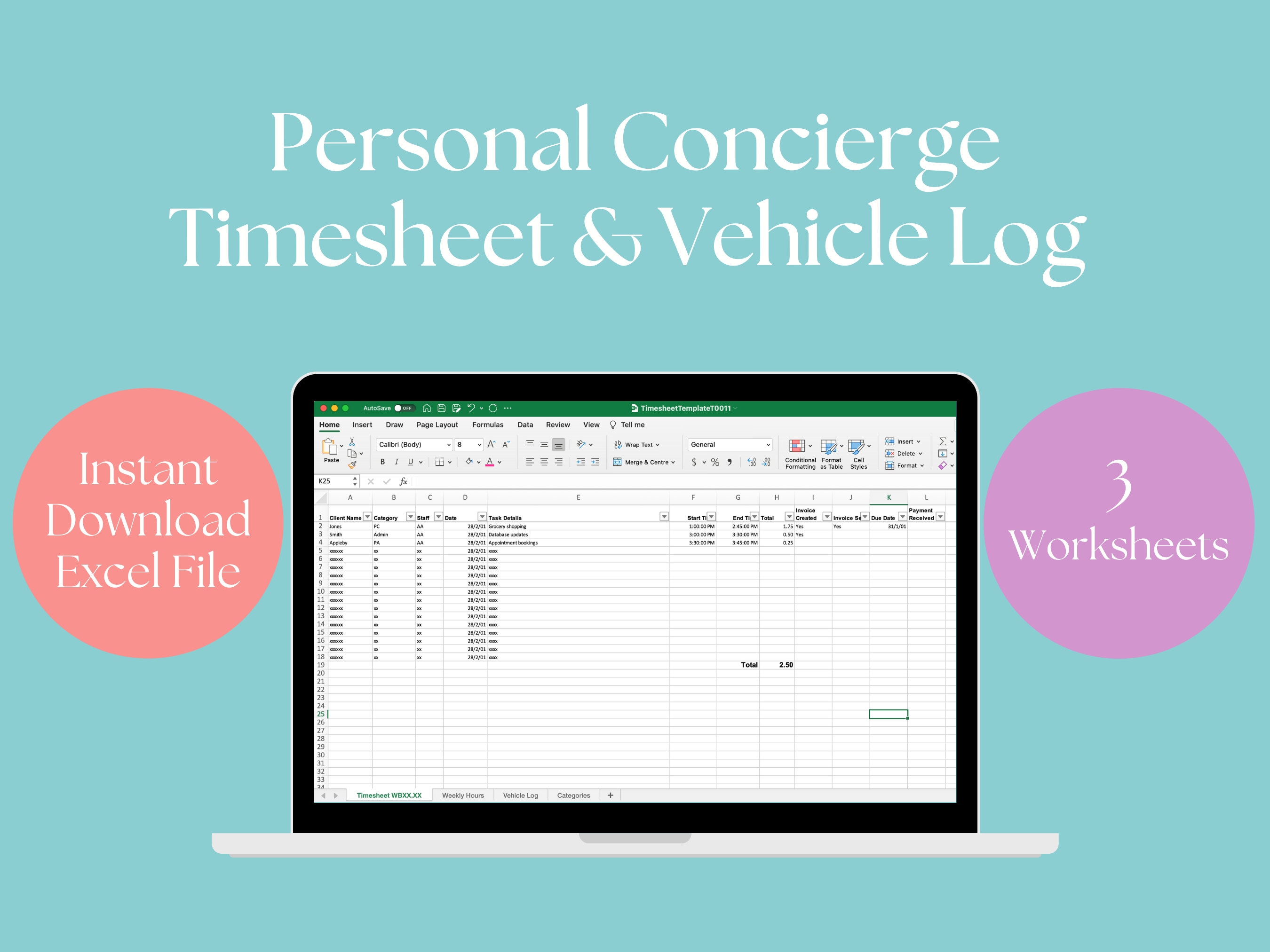 Vehcle Timesheet Customisable Timesheet & Vehicle Log | for Personal Concierge Business ...