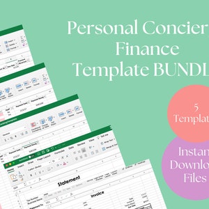 May include: A computer screen displaying a spreadsheet template for personal finance. The template is titled "Personal Concierge Finance Template Bundle" and includes five templates for managing finances. The screen is open to a template titled "Statement" and "Invoice".