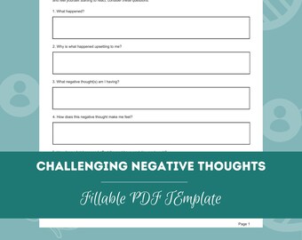 Challenging Negative Thoughts Questionnaire | Editable / Fillable PDF Template | For Counselors, Psychologists, Social Workers, Therapists