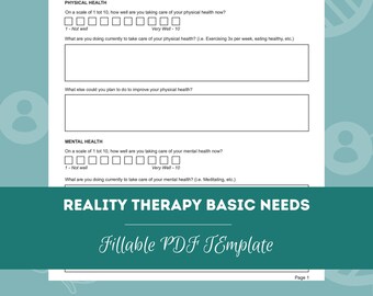 Puede incluir: Una hoja de trabajo imprimible titulada "Terapia de la Realidad: Necesidades Básicas" con un fondo verde. La hoja de trabajo es una plantilla PDF rellenable para que los terapeutas la usen con los clientes. La hoja de trabajo incluye secciones sobre la salud física y mental, con preguntas sobre cómo los clientes están cuidando sus necesidades y qué podrían hacer para mejorar su bienestar.
