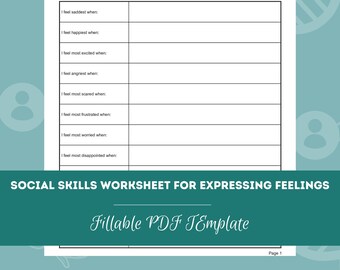 Hojas de trabajo de habilidades sociales para expresar sentimientos / PDF editable / completable / Consejeros, psicólogos, terapeutas, psiquiatras