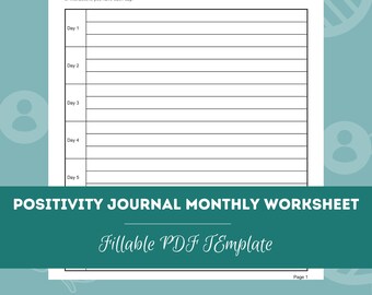 Diario de Positividad - Hoja de Trabajo Mensual / Plantilla PDF Editable / Rellenable / Para Consejeros, Psicólogos, Terapeutas