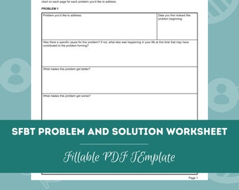 以下が含まれることがあります： 「SFBT Problem and Solution Worksheet」というタイトルの印刷可能なワークシートで、その下に「Fillable PDF Template」というテキストがあります。このワークシートは、人々が問題を特定し解決するのに役立つように設計されています。問題の説明、問題が始まった時期、問題を良くしたり悪くしたりする要因、問題に貢献する要因など、さまざまなセクションがあります。