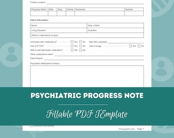 Psychiatric Progress Note | Editable / Fillable PDF Template | For Counselors, Psychologists, Social Workers, Therapists