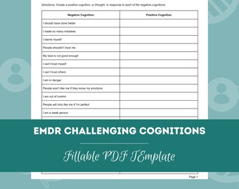 Könnte beinhalten: Ein weißes Arbeitsblatt mit dem Titel "Challenging Cognitions Worksheet", das Abschnitte für negative und positive Gedanken enthält. Der Text "EMDR Challenging Cognitions" und "Fillable PDF Template" sind ebenfalls sichtbar.