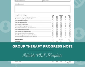 Group Therapy Progress Note | Editable / Fillable PDF Template | For Counselors, Psychologists, Social Workers, Therapists