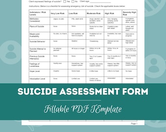 May include: A suicide assessment form with a checklist for assessing emergency risk of suicide. The form includes a table with different risk levels and corresponding indicators, such as methods considered, plans of suicide, suicidal behavior, and intoxication level.