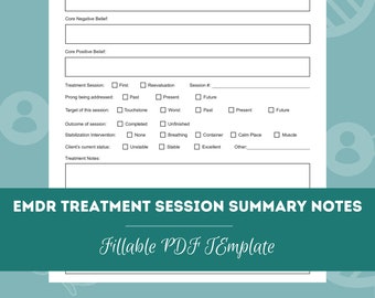 EMDR Treatment Session Summary Notes | Editable / Fillable PDF Template | For Counselors, Psychologists, Social Workers, Therapists