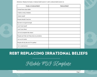 Puede incluir: Una plantilla PDF rellenable para REBT (Terapia Racional Emotiva Conductual), diseñada para reemplazar creencias irracionales. El documento incluye secciones para creencias erróneas y alternativas racionales. El título es "REBT Replacing Irrational Beliefs."