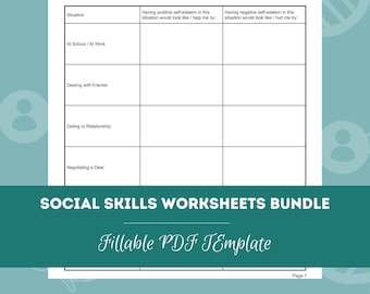 Paquete de hojas de trabajo de habilidades sociales / Plantillas PDF editables / rellenables / Consejeros, psicólogos, terapeutas, psiquiatras