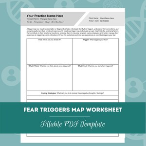 May include: A printable worksheet titled "Fear Triggers Map Worksheet" with a green background. The worksheet is designed to help individuals identify their triggers, understand their connections, and recognize patterns in their emotional responses. The worksheet includes sections for identifying fears, triggers, thoughts, feelings, and coping strategies.