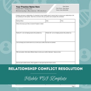 May include: A printable worksheet titled "Relationship Resolution Worksheet" with a green background and a DNA strand design. The worksheet is designed to help couples resolve conflicts and improve their relationship.