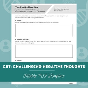 CGT: werkblad Negatieve gedachten uitdagen | Bewerkbare/invulbare PDF | Voor counselors, psychologen, psychiaters, therapeuten