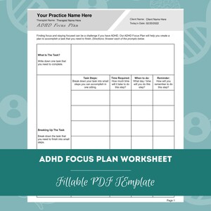 ADHD Focus Plan Worksheet | Editable / Fillable PDF | For Counselors, Psychologists, Social Workers, Therapists, Psychiatrists