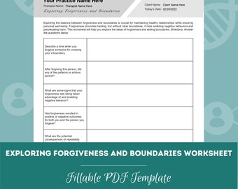 Exploring Forgiveness and Boundaries Worksheet | Editable / Fillable / Printable PDF | Counselors, Psychologists, Psychiatrists, Therapists